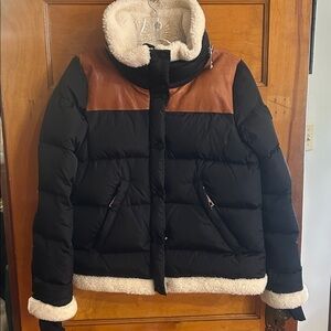 SAM Black Puffer Jacket with Shearling and Leather Trim